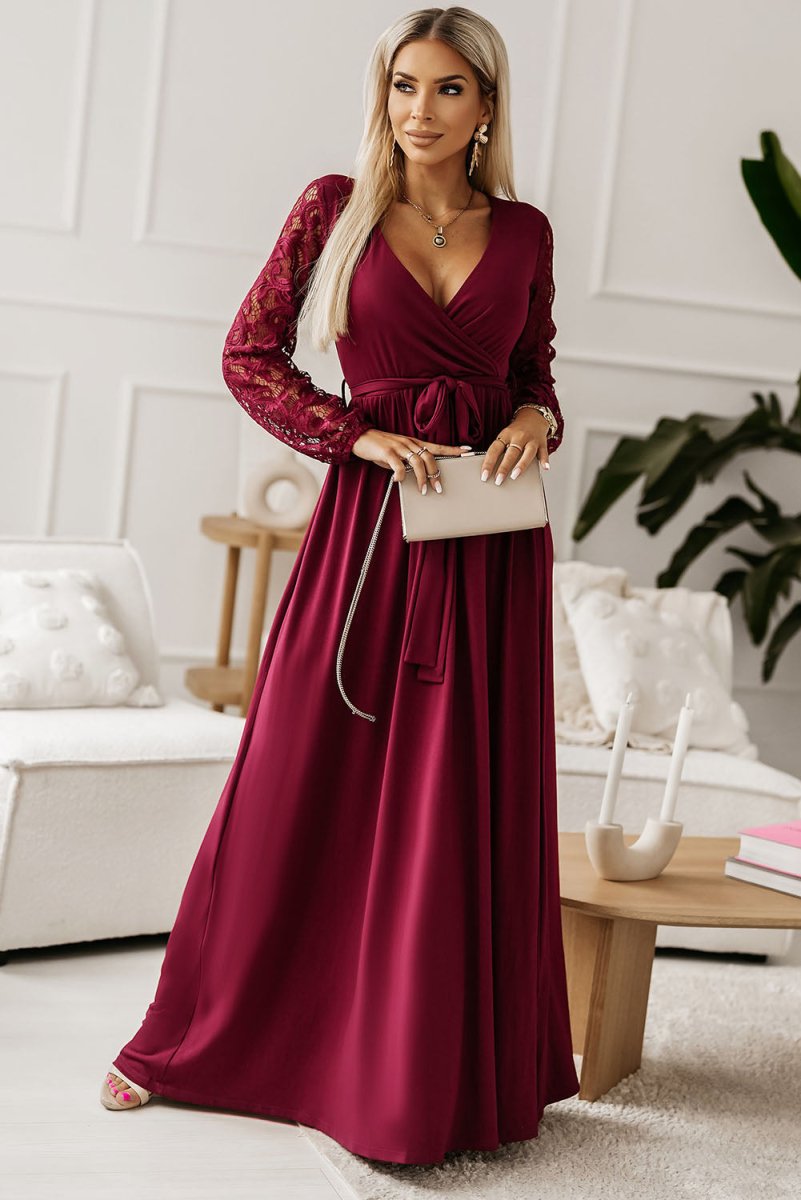 Elegant Long Dress for Women - Lace Detail Surplice Tie - Waist Maxi Dress by Kenike - Allen - Fitness