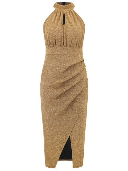 Elegant Mock Neck Sleeveless Dress with Slit - 100% Polyester, Opaque, Machine Washable - Allen - Fitness