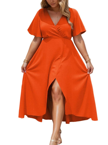 Elegant Plus Size Flutter Sleeve Dress with Surplice Neckline - Perfect for Any Occasion - Allen - Fitness