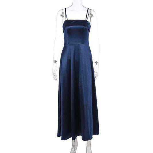 Navy blue sleeveless backless maxi summer dress with tube top design for women