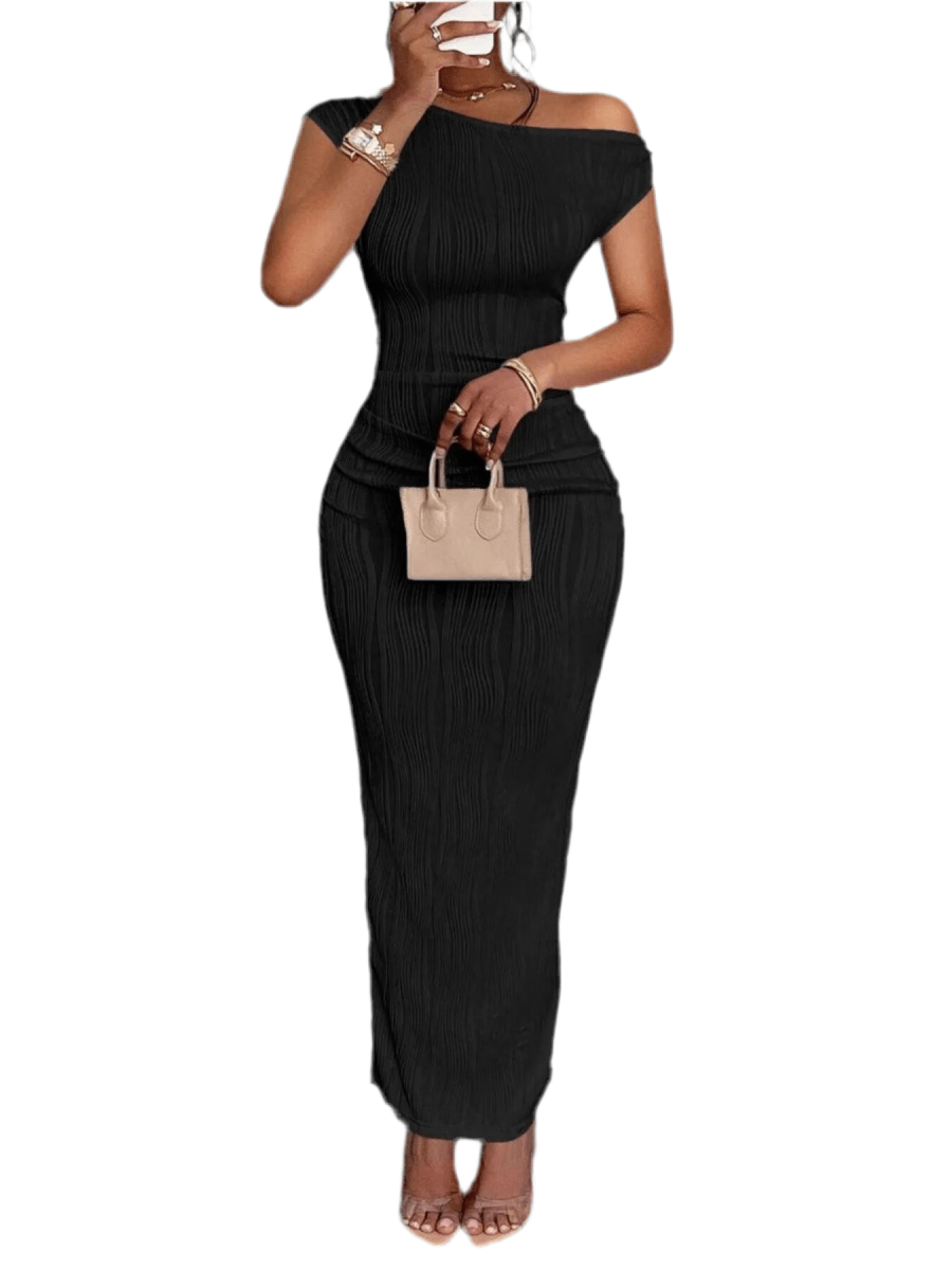 Elegant Textured Maxi Dress - Single Shoulder Bodycon Style for Modern Women - Allen - Fitness