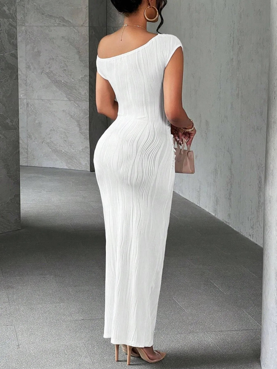 Elegant Textured Maxi Dress - Single Shoulder Bodycon Style for Modern Women - Allen - Fitness