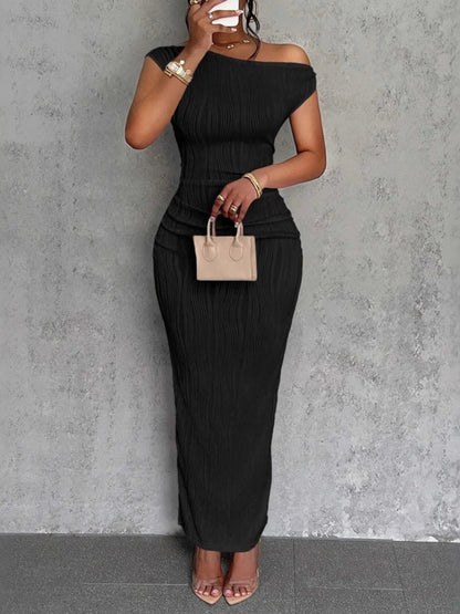 Elegant Textured Maxi Dress - Single Shoulder Bodycon Style for Modern Women - Allen - Fitness