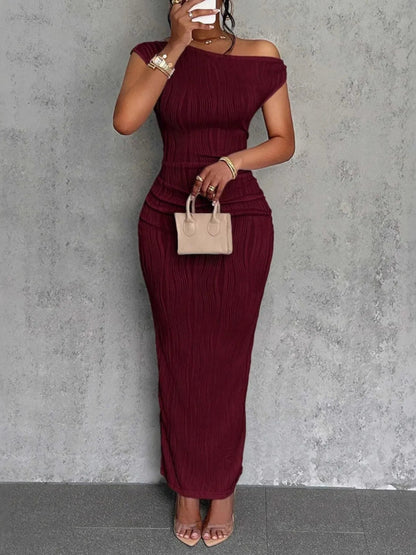 Elegant Textured Maxi Dress - Single Shoulder Bodycon Style for Modern Women - Allen - Fitness