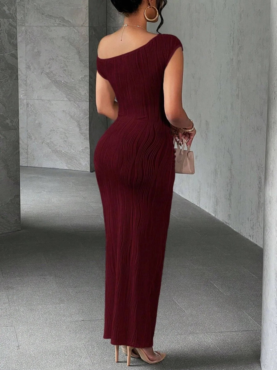 Elegant Textured Maxi Dress - Single Shoulder Bodycon Style for Modern Women - Allen - Fitness