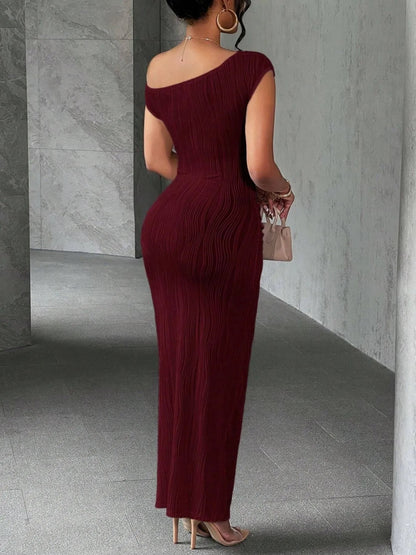 Elegant Textured Maxi Dress - Single Shoulder Bodycon Style for Modern Women - Allen - Fitness