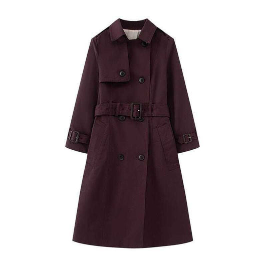 Elegant women's belted trench coat in dark red with long sleeves and button details.