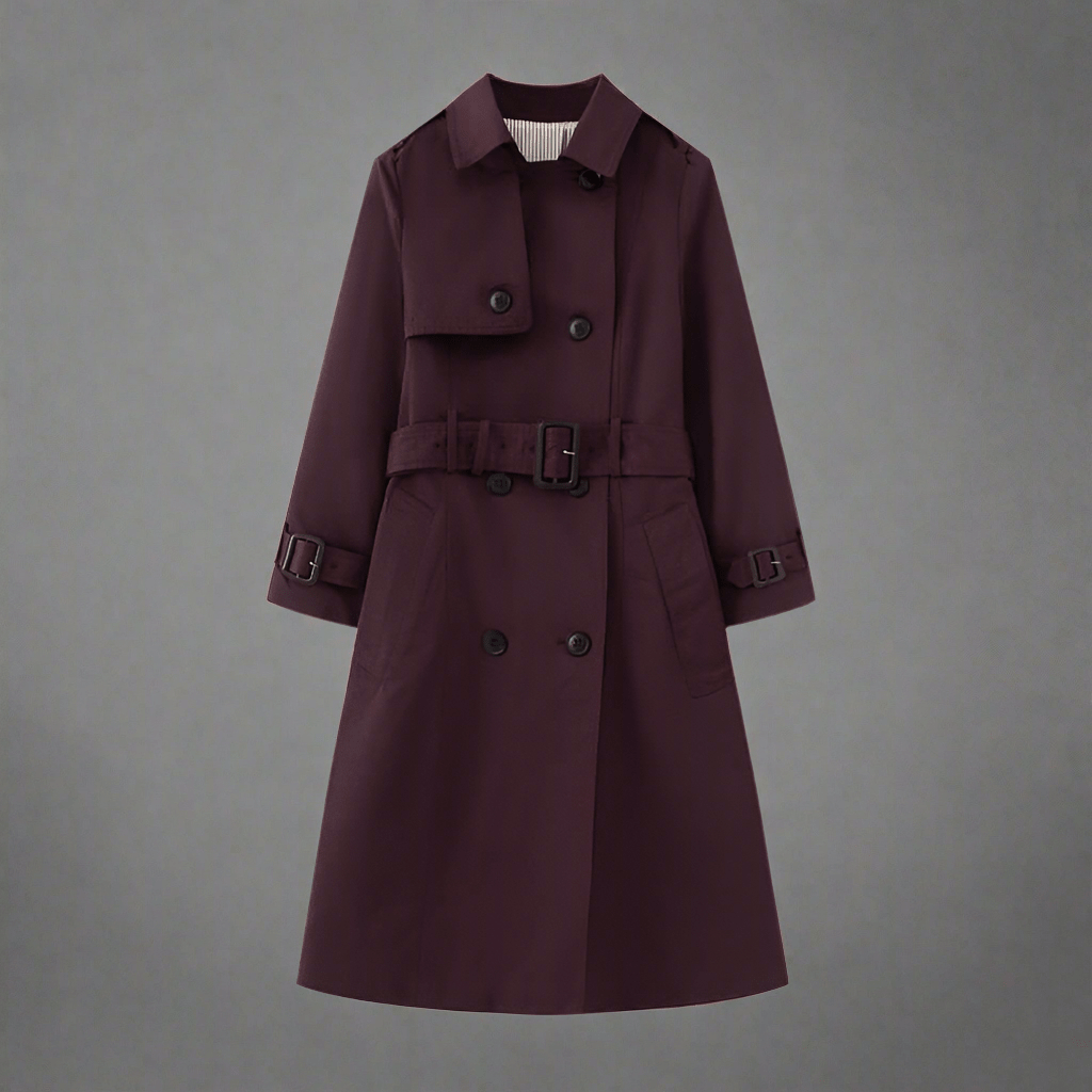Elegant dark red belted trench coat for women with long sleeves and button details.