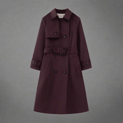 Elegant dark red belted trench coat for women with long sleeves and button details.