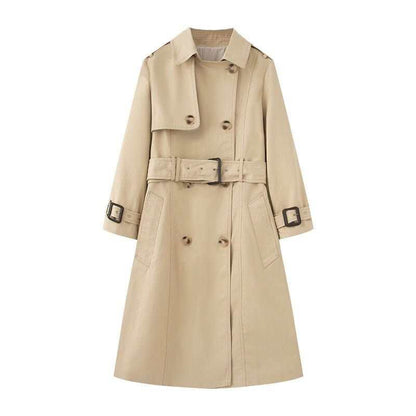 Elegant women's belted trench coat in deep khaki with long sleeves and classic button closure