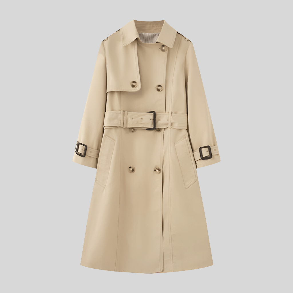 Beige elegant belted trench coat for women with long sleeves and double-breasted buttons.