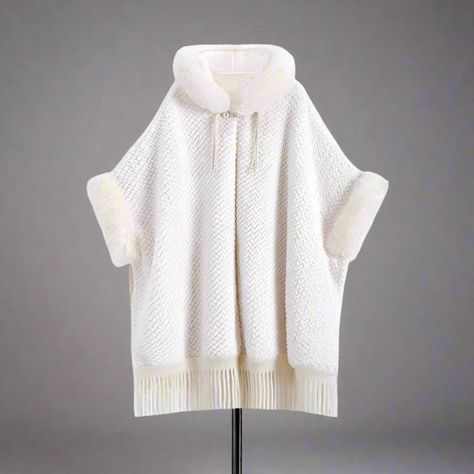 Elegant White Buckle Hooded Hanfu Shawl Cloak with Twill Rabbit Fur and Tassel Details - Allen - Fitness