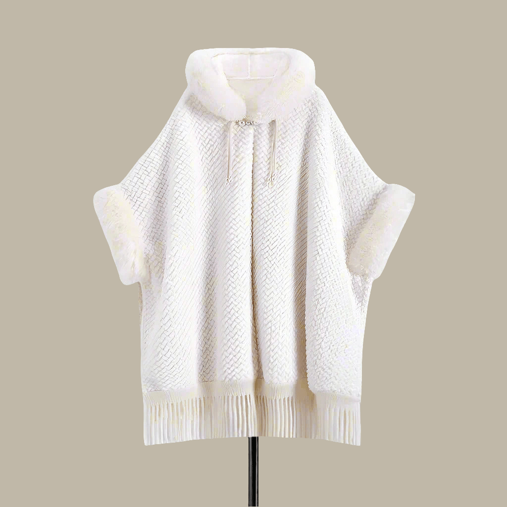 Elegant White Buckle Hooded Hanfu Shawl Cloak with Twill Rabbit Fur and Tassel Details - Allen - Fitness