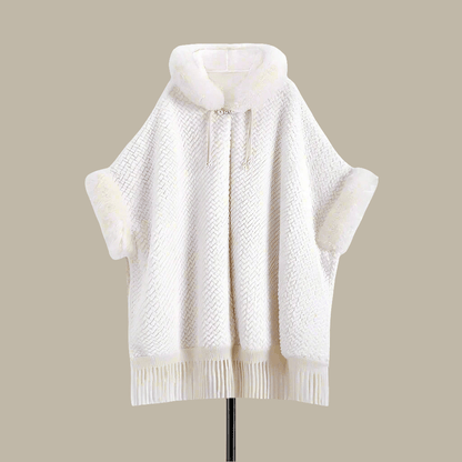 Elegant White Buckle Hooded Hanfu Shawl Cloak with Twill Rabbit Fur and Tassel Details - Allen - Fitness