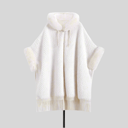 Elegant White Buckle Hooded Hanfu Shawl Cloak with Twill Rabbit Fur and Tassel Details - Allen - Fitness