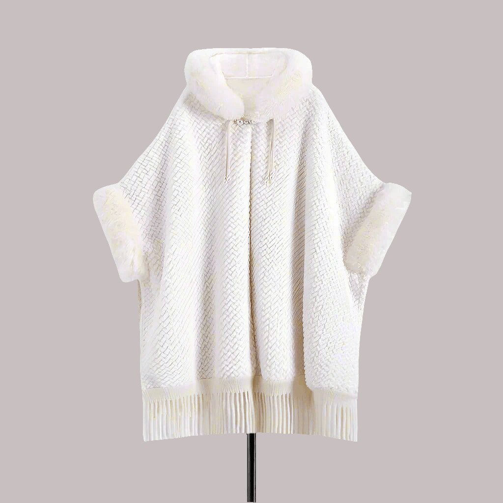 Elegant White Buckle Hooded Hanfu Shawl Cloak with Twill Rabbit Fur and Tassel Details - Allen - Fitness