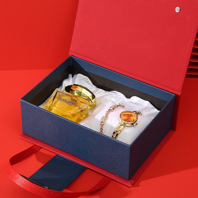Gift Set for Women - Elegant Watch, Lipstick, Perfume, and Earrings in Red or Orange Box.