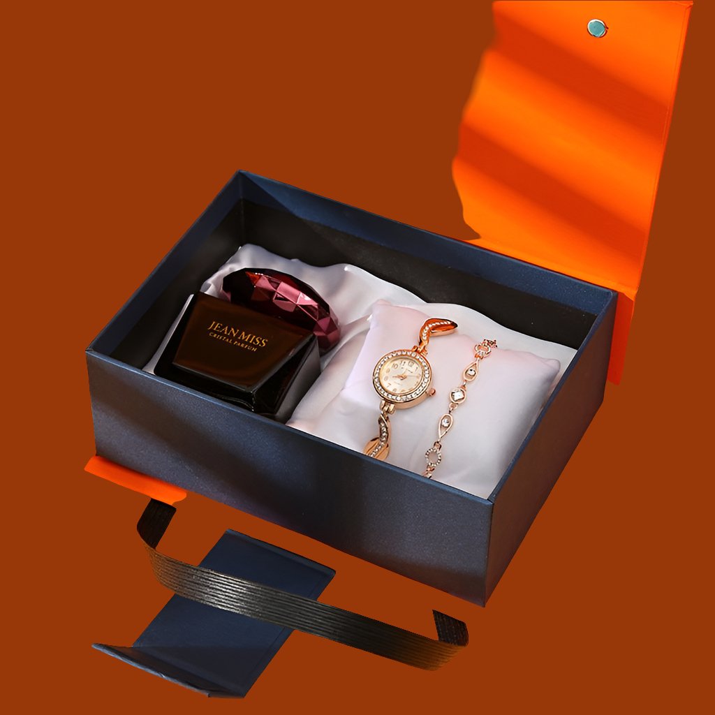 Gift Set for Women - Elegant Watch, Lipstick, Perfume, and Earrings in Red or Orange Box.