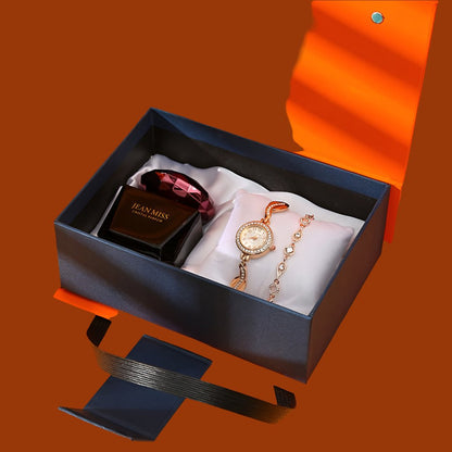 Gift Set for Women - Elegant Watch, Lipstick, Perfume, and Earrings in Red or Orange Box.