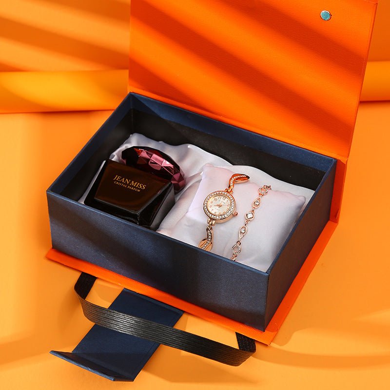 Gift Set for Women - Elegant Watch, Lipstick, Perfume, and Earrings in Red or Orange Box.