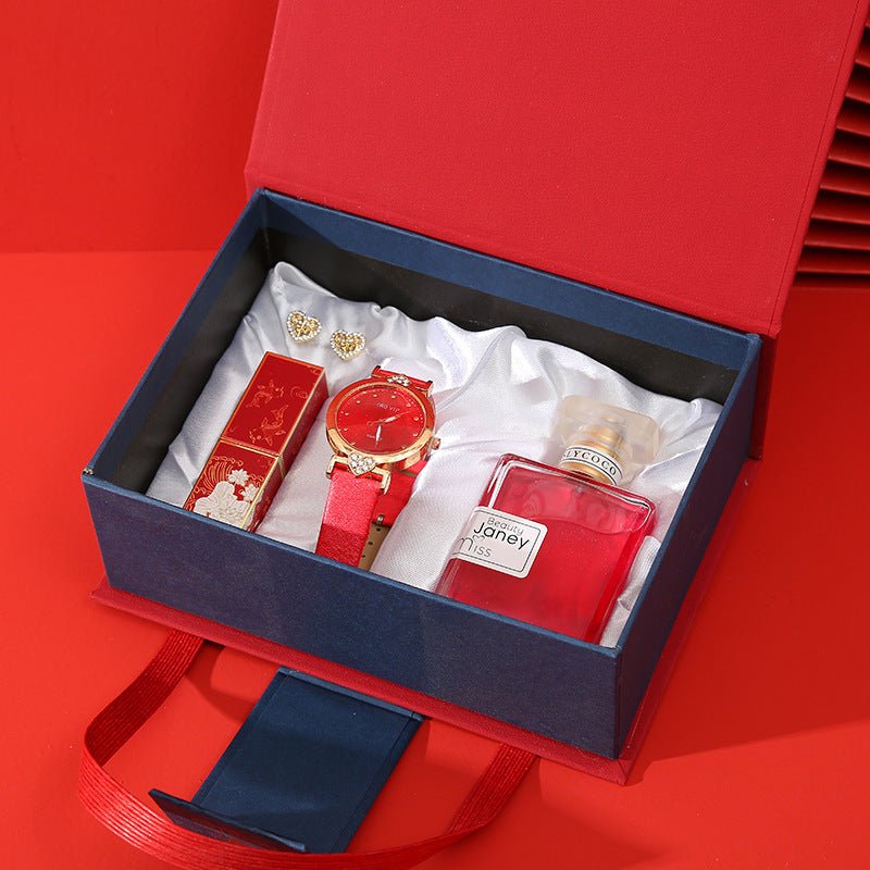 Gift Set for Women - Elegant Watch, Lipstick, Perfume, and Earrings in Red or Orange Box.