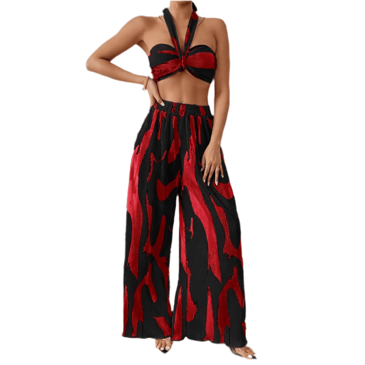 Halter Tube Top & Flame Print Wide - Leg Pants Set - Comfortable Summer Outfit for Trendy Streetwear - Allen - Fitness