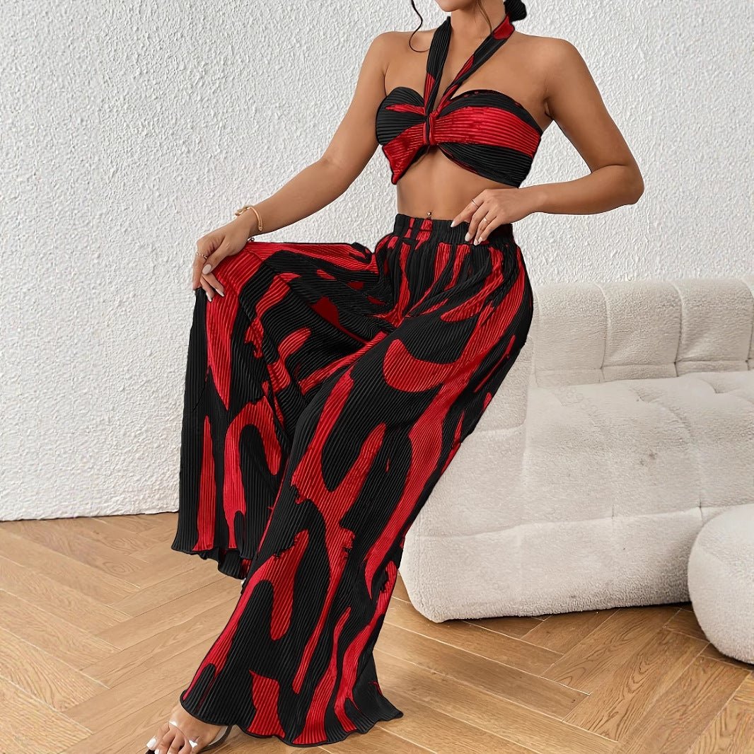 Halter Tube Top & Flame Print Wide - Leg Pants Set - Comfortable Summer Outfit for Trendy Streetwear - Allen - Fitness