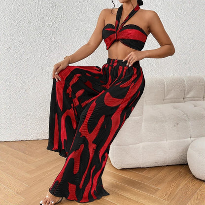 Halter Tube Top & Flame Print Wide - Leg Pants Set - Comfortable Summer Outfit for Trendy Streetwear - Allen - Fitness