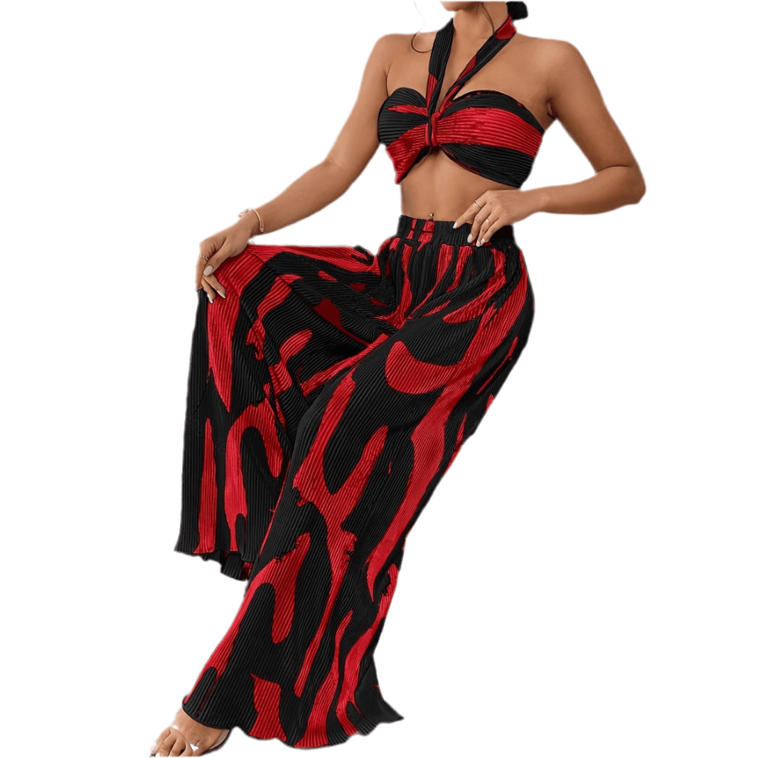 Halter Tube Top & Flame Print Wide - Leg Pants Set - Comfortable Summer Outfit for Trendy Streetwear - Allen - Fitness