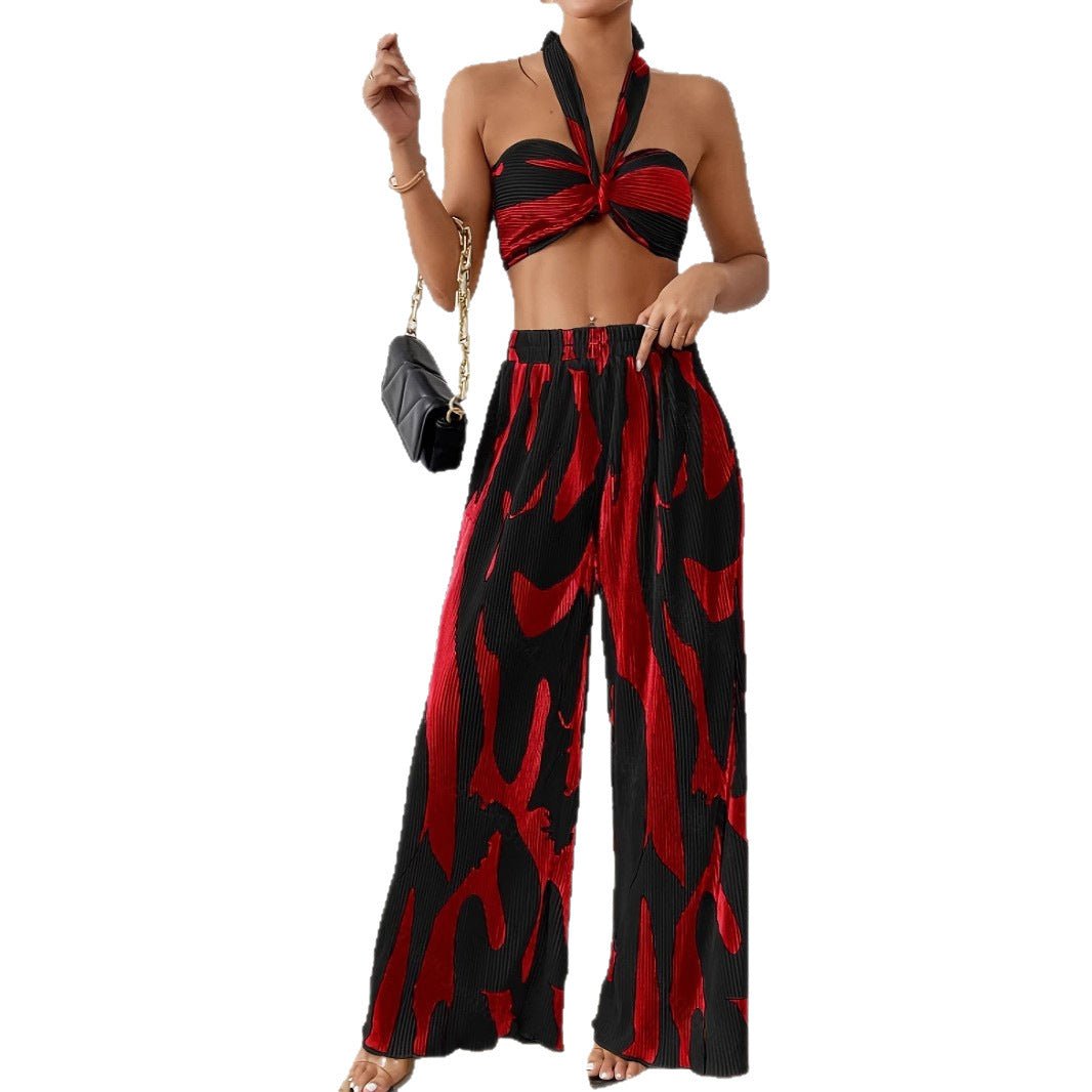 Halter Tube Top & Flame Print Wide - Leg Pants Set - Comfortable Summer Outfit for Trendy Streetwear - Allen - Fitness
