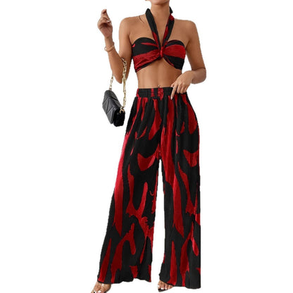 Halter Tube Top & Flame Print Wide - Leg Pants Set - Comfortable Summer Outfit for Trendy Streetwear - Allen - Fitness