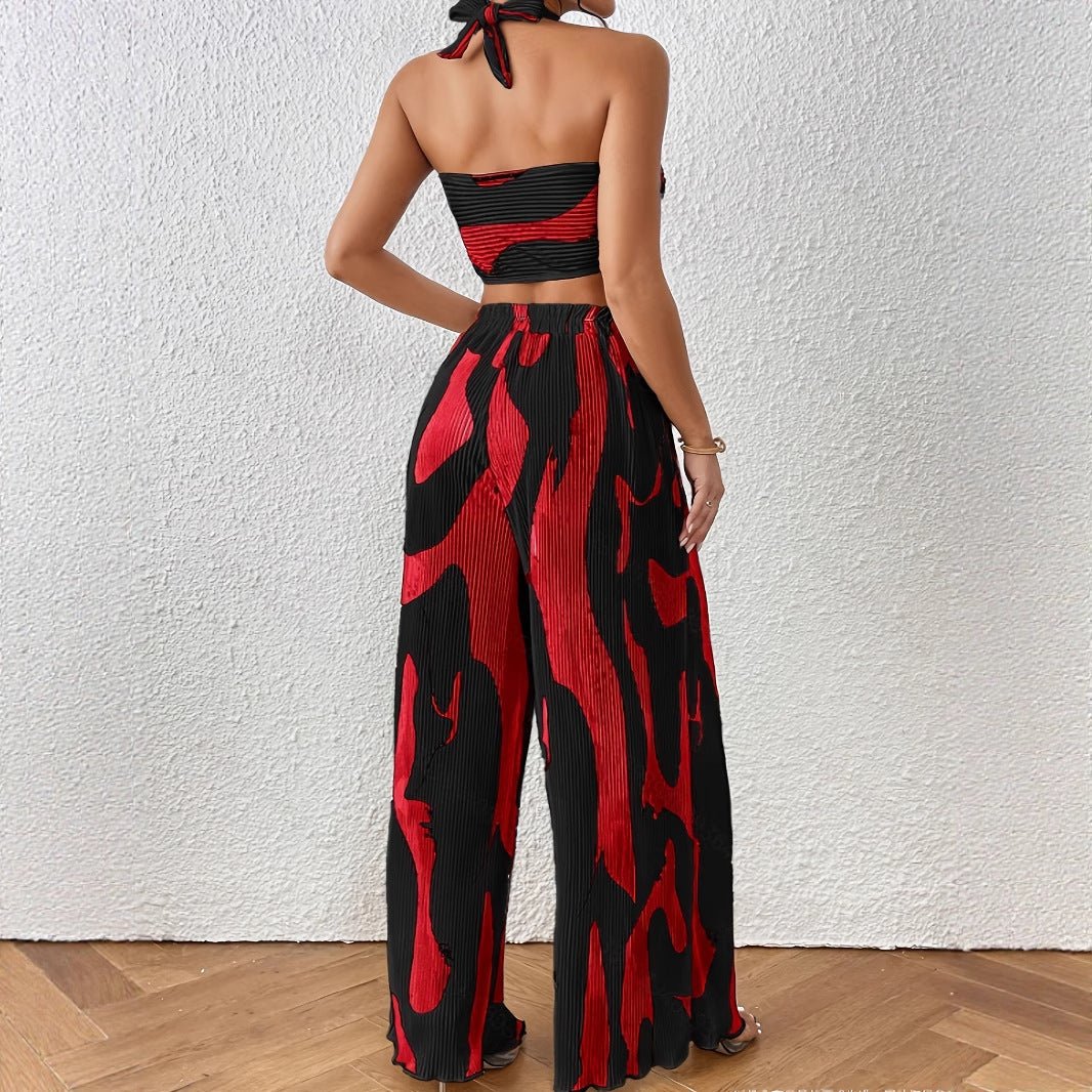 Halter Tube Top & Flame Print Wide - Leg Pants Set - Comfortable Summer Outfit for Trendy Streetwear - Allen - Fitness