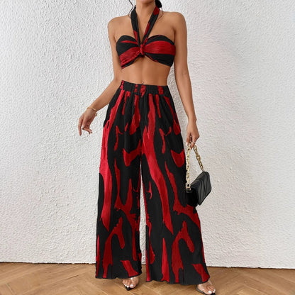 Halter Tube Top & Flame Print Wide - Leg Pants Set - Comfortable Summer Outfit for Trendy Streetwear - Allen - Fitness