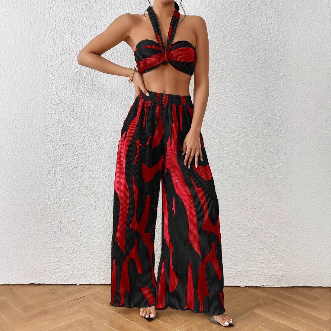 Halter Tube Top & Flame Print Wide - Leg Pants Set - Comfortable Summer Outfit for Trendy Streetwear - Allen - Fitness