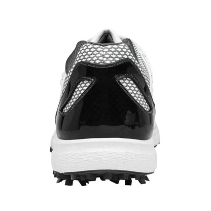 Back view of high-end spiked waterproof leather men's golf shoe with textured white and black design.
