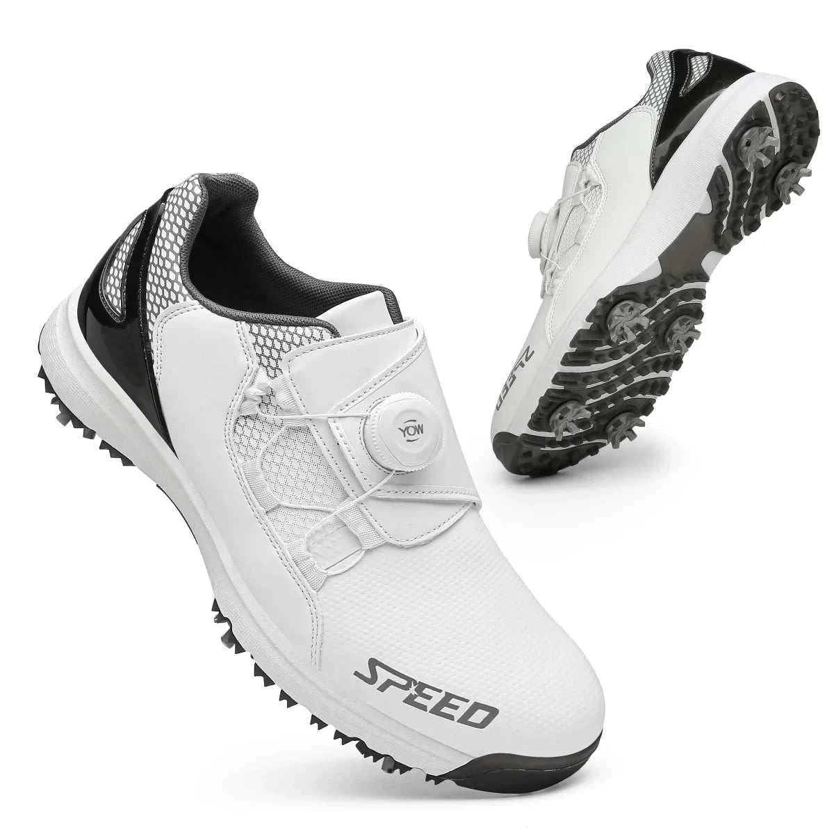 High-end white and black waterproof leather spiked golf shoes for men with superior traction and customizable logo.