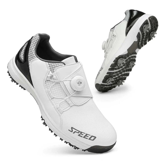 High-end white and black waterproof leather spiked golf shoes for men with superior traction and customizable logo.