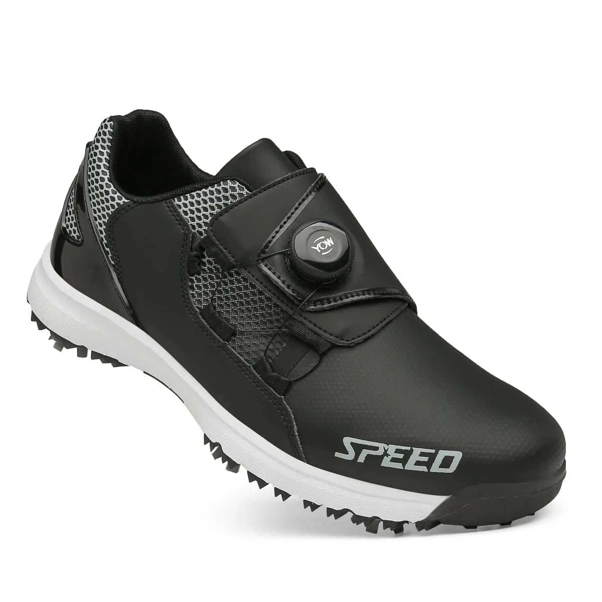High-end spiked men's golf shoe in black waterproof leather with superior traction for wet conditions