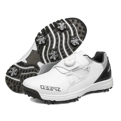 High-end spiked golf shoes in waterproof white leather with superior traction for wet conditions