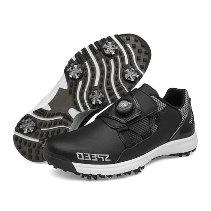 High-end black spiked waterproof leather men's golf shoes with superior traction for wet conditions
