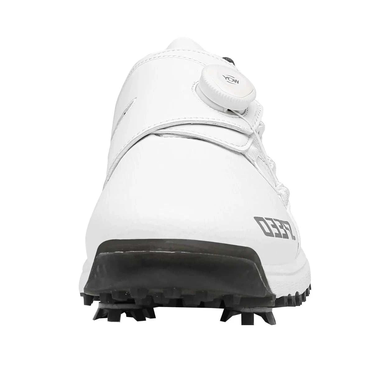 White high-end spiked golf shoe with waterproof leather and black sole for wet conditions.