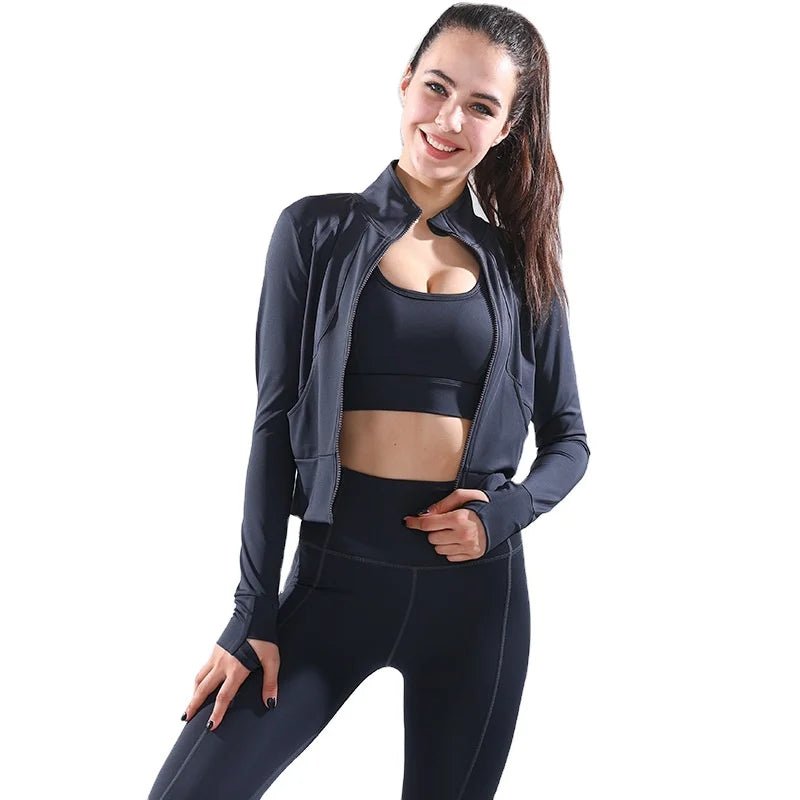 Women's 3-Piece Fitness Sports Bra Leggings Jacket Set - Customizable Yoga Activewear.