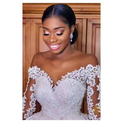 Lace Wedding Dress with Pearl Detail - Sizes 2-16, Elegant Bridal Gown in White.