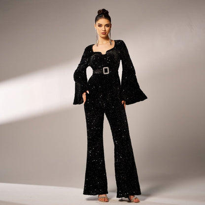 Long Sleeve Square-neck Slim-fit Sheath Banquet Sequined Jumpsuit.