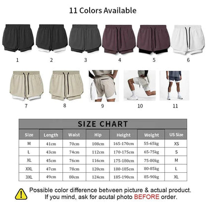 Men's 2 in 1 fitness gym shorts with breathable mesh inner tights and towel loop in 11 colors, shown with size chart.