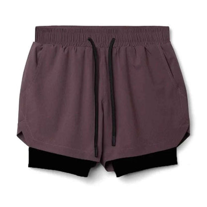 Men's 2 in 1 fitness gym shorts with breathable mesh inner tights and towel loop in dark purple and black