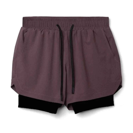 Men's 2 in 1 fitness gym shorts with breathable mesh inner tights and towel loop in dark purple and black