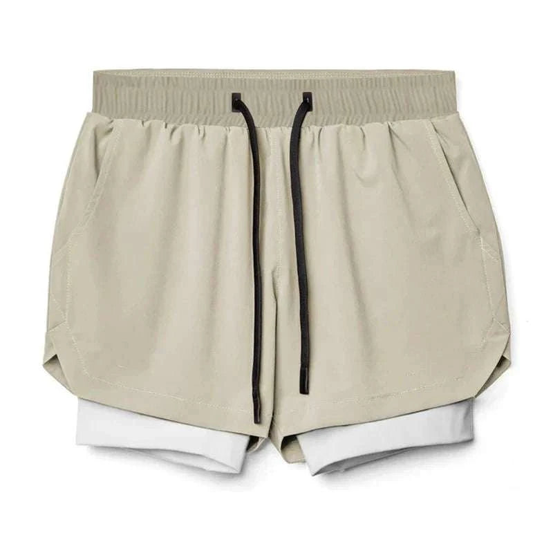 Beige men’s 2 in 1 fitness gym shorts with inner breathable mesh tights and black drawstring waistband