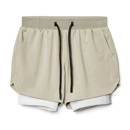 Beige men’s 2 in 1 fitness gym shorts with inner breathable mesh tights and black drawstring waistband
