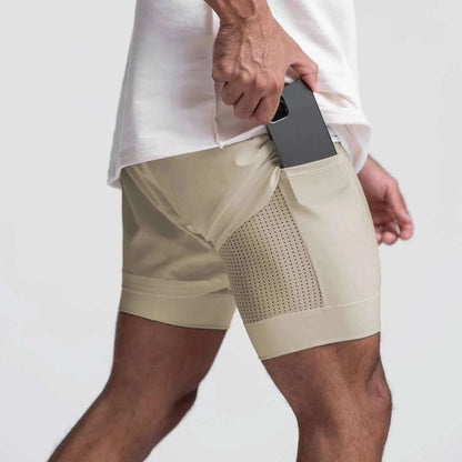 Men wearing beige 2 in 1 fitness gym shorts with breathable mesh and phone pocket, white shirt.